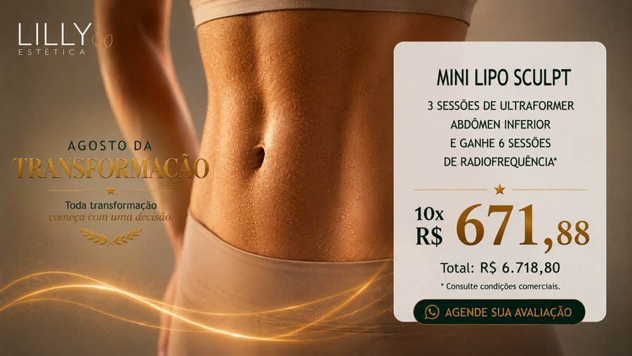 Mini Lipo Sculpt — 3 sessões de Ultraformer no abdômen inferior e ganhe 6 de radiofrequência. 10x R$ 671,88, Total R$ 6.718,80.