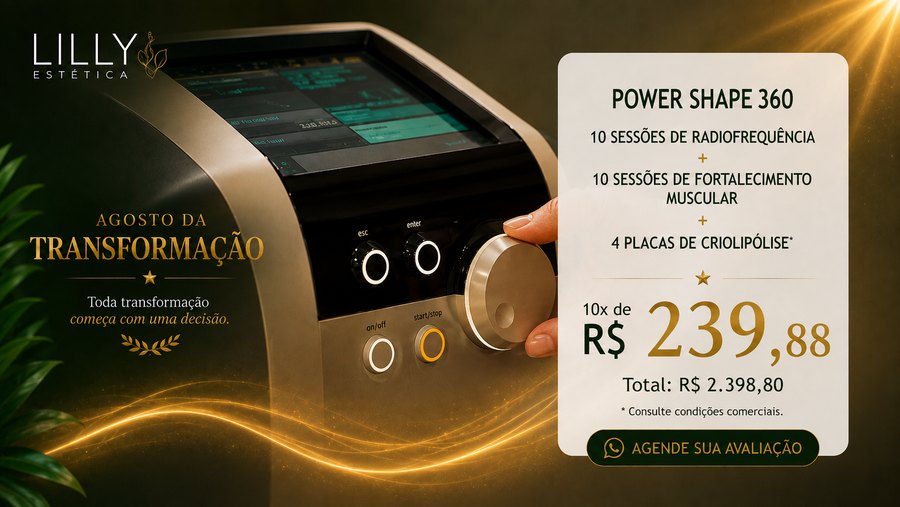 Power Shape 360 — 10 sessões de radiofrequência + 10 de fortalecimento muscular + 4 placas de criolipólise. 10x R$ 239,88, Total R$ 2.398,80.